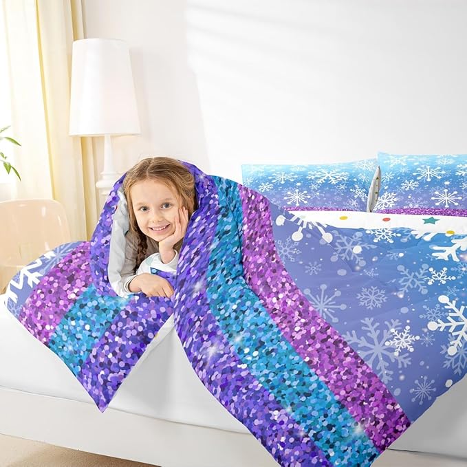 Feelyou Winter Snowflake Comforter Set All Season Glitter Print Bedding Set with 2 Pillow Cases Christmas Microfiber Kids King Bedclothes Holiday New Year Bedroom Decor Duvet Quilt Soft Lightweight