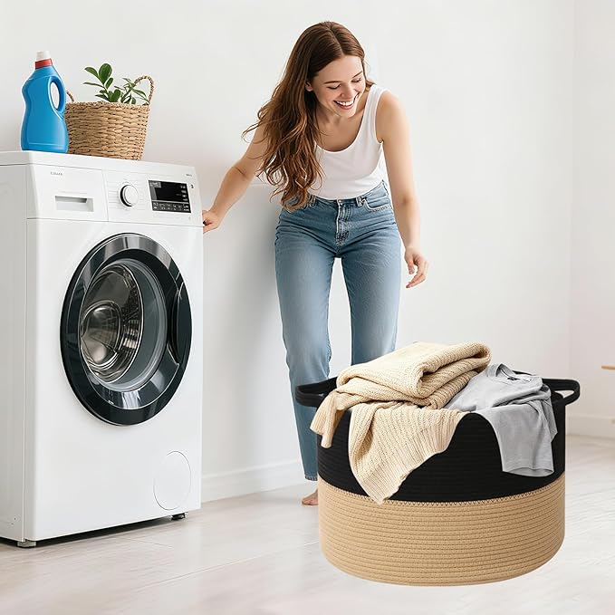 Large Blanket Basket for Organizing,115L Closet Organizers and Storage Bins Box for Shelves Woven Rope Storage Baskets,Living Room,Bedroom,Dorm,Laundry room (Black&Camel)