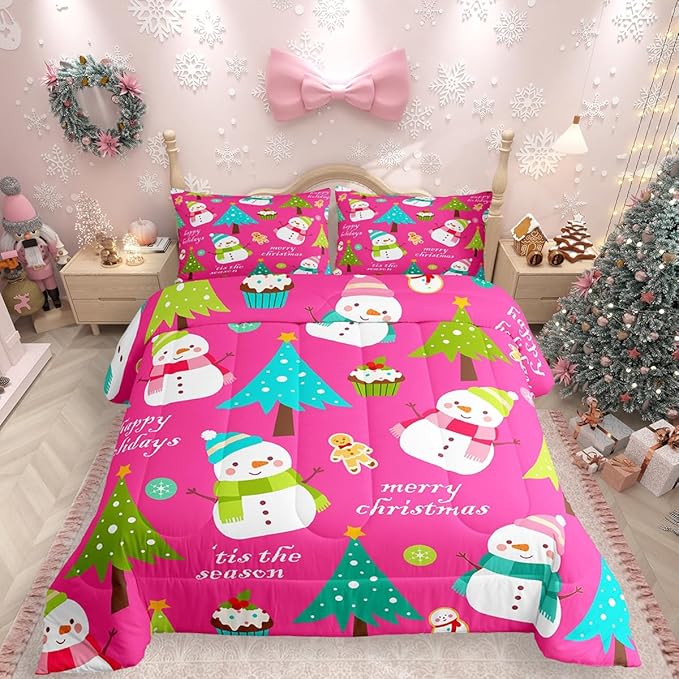 Erosebridal Christmas Kids Comforter Set Cartoon Snowman Quilts for Boys Girls Adults Xmas Tree Bedding Set Cartoon Snowflake Bedroom Decor Duvet Insert Full Size