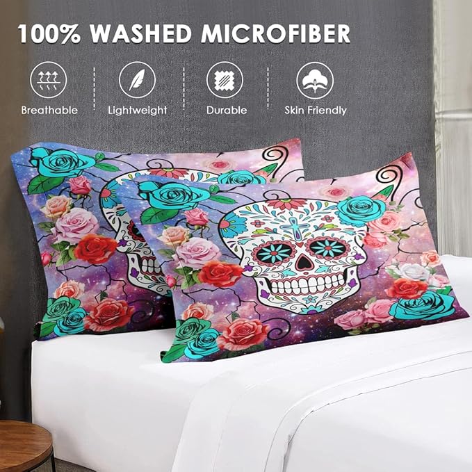 7 Pcs Queen Size Comforter Set with 2 Pillowcases & 2 Shams, Sugar Galaxy Bedding for Kids and Adults, Vintage Skeleton Flower Bed in a Bag with Flat Fitted Sheet