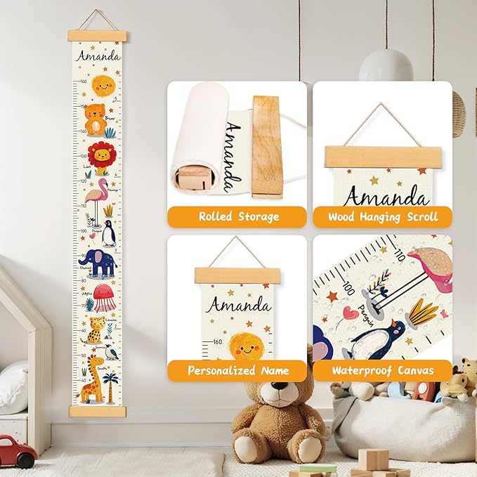 Personalized Growth Chart for Wall, Kids Height Wall Chart for Kids Baby Child Toddler Boys Girls (Animals)