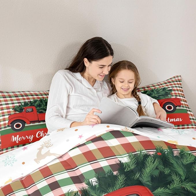 Feelyou Merry Christmas Kids Comforter Set Queen Size Christmas Tree Bedding Set Snowflake Duvet Quilt for Kids Boys Girls Bedroom Winter Decor Microfiber Ultra Soft Breathable