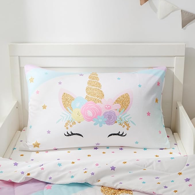 PINNKKU 4-Piece Toddler Bedding Set, Includes 1 Flat Sheet, 1 Fitted Sheet, 1 Comforter and 1 Reversible Pillowcase, Standard Toddler Comforter & Sheet Set, Ultra Soft Toddler Bed Set, Unicorn