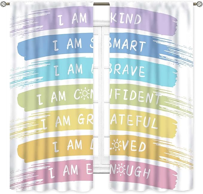 Rainbow Curtains for Classroom, Kids Girls Baby Boho Cute Inspirational Motivational Quotes Cartoon Colorful Pastel Nursery Classroom Bedroom Living Room Bathroom Window Drapes 2 Panels, 63"x63" Inch