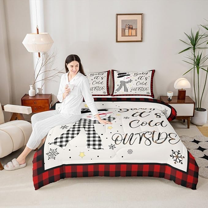 Kids Christmas Snowman Comforter Set Full Size,Snowflake Winter Bedding Set,Girls Boys Adults Xmas Decor,Geometric Grids Lattices Patch Down Comforter,Red Rustic Vintage Duvet Insert,2 Pillowcases