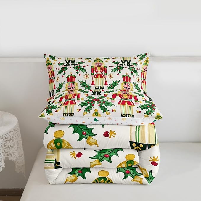 Feelyou Merry Christmas Bedding Set Soft for Boys Girls, Nutcracker Comforter Set Twin Size Holly Leaves Duvet Quilt Microfiber Red Berries Bedroom Decor 2 Pcs with 1 Pillow Cases