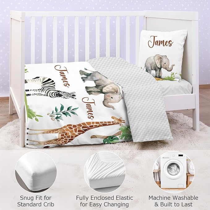 Personalized Baby Crib Bedding Set,3 Piece Custom Name Nursery Set with Blanket, Fitted Sheet & Pillowcase for Baby Girls & Boys, Safari Animals Theme(Fixed Size)