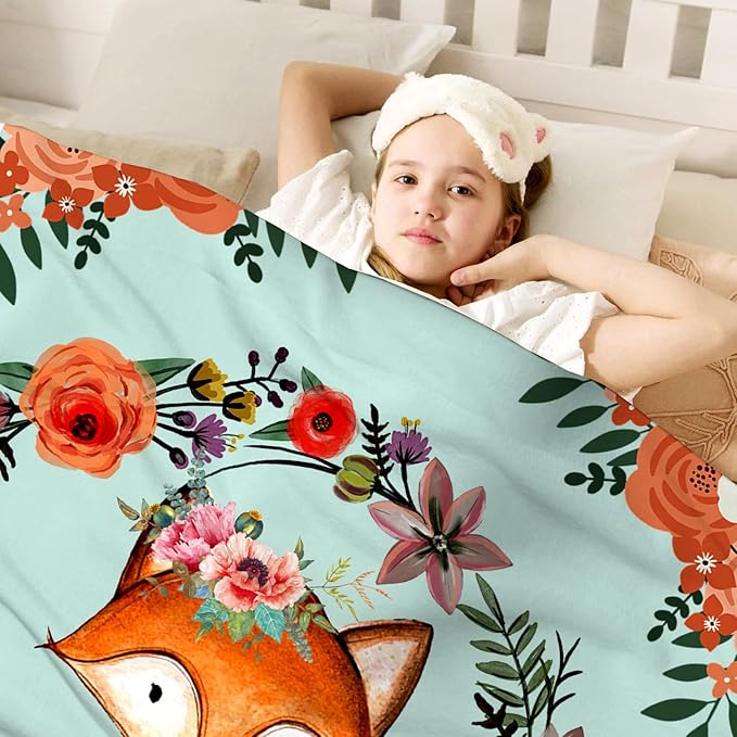 Fox Blanket Flower Fox Print Throw Blanket Ultra Soft Flannel Blankets Gifts for Kids Adults 50"x40"