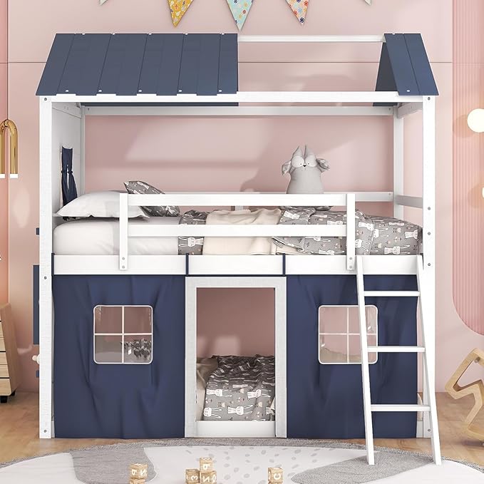 MERITLINE Full Over Full Princess Castle Bunk Bed with Tent,Ladders and Guardrail, Solid Wood Playhouse House Floor Bunk Bed with Windows and Roof (Full,Blue & White)