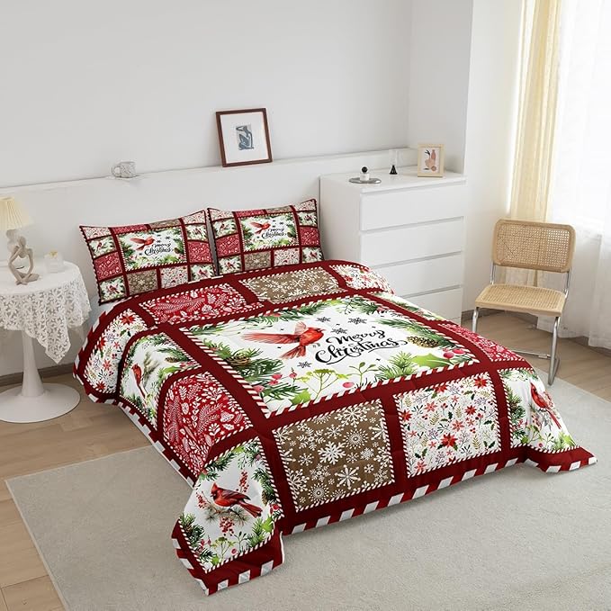Castle Fairy Merry Christmas Full Size Comforter Set,Xmas Patchwork Watercolor Cardinal Bird Bedding Comforters Bedroom Collection,Floral Leaves Snowflakes Plaid Bedding Set for Girls Teens
