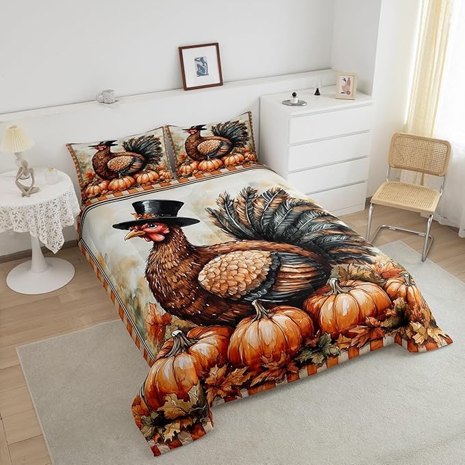 Feelyou Boys Girls Thanksgiving Comforter Cover Full Size, Fall Autumn Comforter Set for Turkey Duvet Cover Kids Pumpkin Teens Bedspread Cover Bedroom Decor Bed Set 3Pcs
