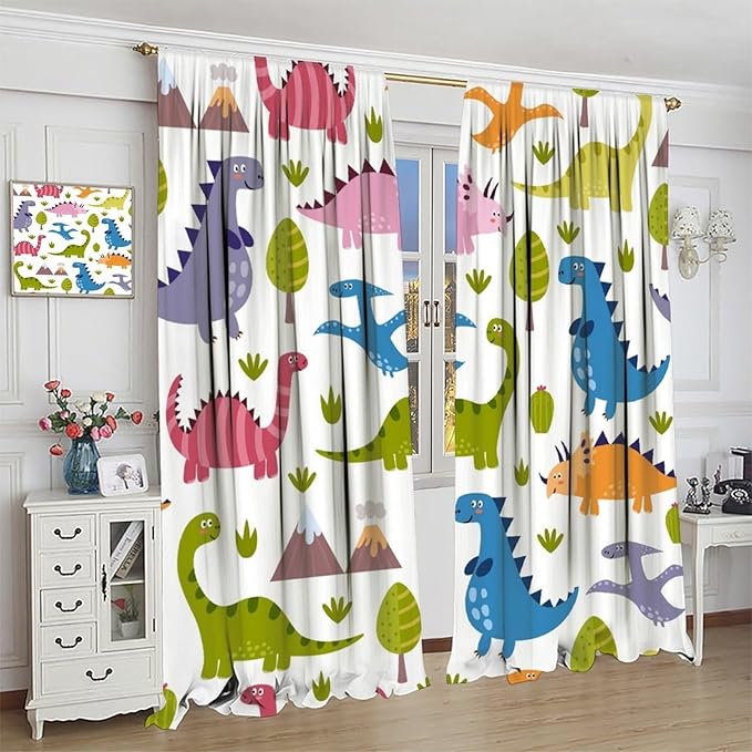 Dino Curtains, Cartoon Style Colorful Dinosaurs Pattern Blackout Window Treatments, Rod Pocket Thermal Insulated Drapes 2 Panel Sets for Kids Bedroom Nursery Classroom, 42" W X 45" L