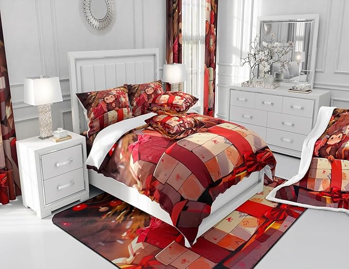 Cartoon Cute Monkey Bedding Set Twin Size,Merry Christmas Comforter Set for Kids Boys Girls Room Decor,Xmas Theme Red Luxury Duvet Insert 2Pcs,Animals Microfiber Modern Soft Quilt Set,1 Pillowcase