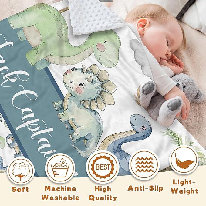 Personalized Baby Name Blanket for Boy Girl, Soft Flannel Blanket with Double Layer Dotted Backing for Newborn, Nursery Crib with Green Dinosaur Design, Baby Blanket Customized Gifts(60" x80)