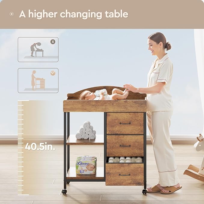 Changing Table Dresser, Baby Dresser with 3 Fabric Drawers and 2 Shelves, Multi-Functional Baby Changing Table with Pad, Classic Nursery Dresser, Diaper Changing Station, Rustic Brown