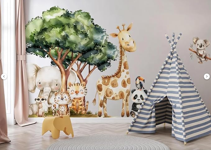 Safari Jungle Wall Stickers – Safari Animals Wall Decals for Nursery – Kids Room Wall Art – Removable Vinyl Stickers for Baby Room Decor – Giraffe Elephant Lion Wall Mural (Set1+2)