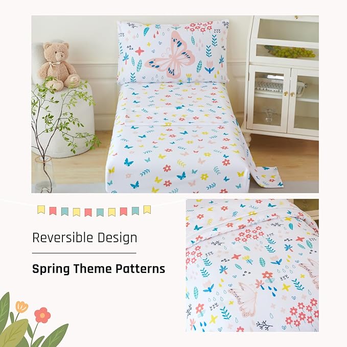 PERFEMET Girls Floral Comforter Set Twin Size 4 Pieces Botanical Flower Bedding Set Butterfly Pattern Teens Kids Bed in a Bag with Sheets for All Seasons(White, Twin)