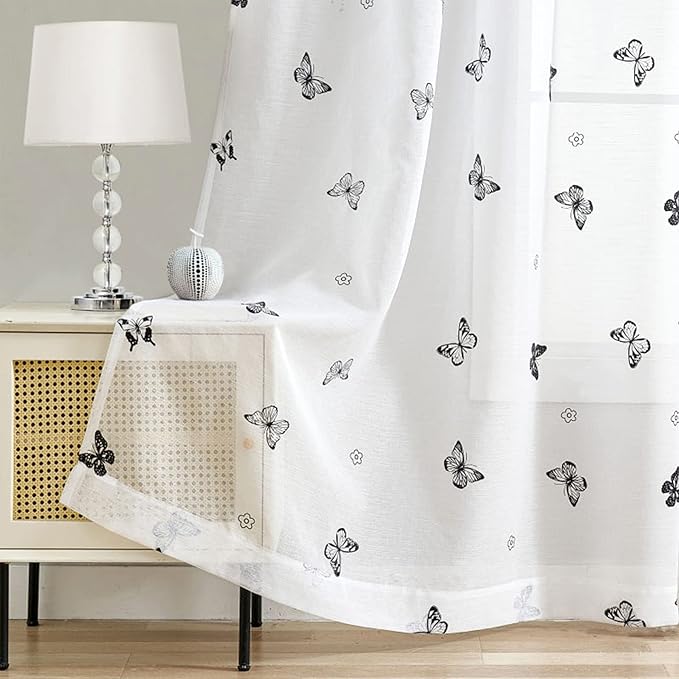 Jubilantex White Sheer Curtain Panels Black Butterfly Floral Pattern Design Drapes 63 Inches Long, Girls Kids Bedroom Textured Window Curtains Light Filtering Rod Pocket Top Drapery, Set of 2