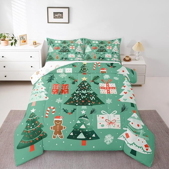 Feelyou Christmas Bedding Set Soft for Boys Girls, Xmas Tree Snowflake Comforter Set Queen Size Gingerbread Man Duvet Quilt Microfiber New Year Gift Bedroom Decor 3 Pcs with 2 Pillow Cases