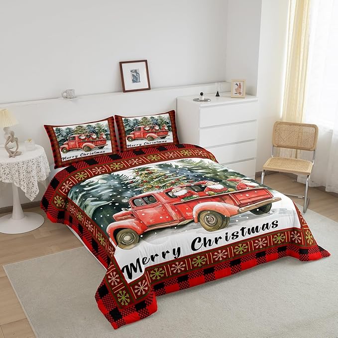 Merry Christmas Comforter Set King Size,Retro Red Truck Christmas Tree Duvet Insert for Kids Boys Girls Room Decor,Gnome Snowflake Xmas Bedding Set 3Pcs,Black Red Plaid Quilt Set,2 Pillowcases