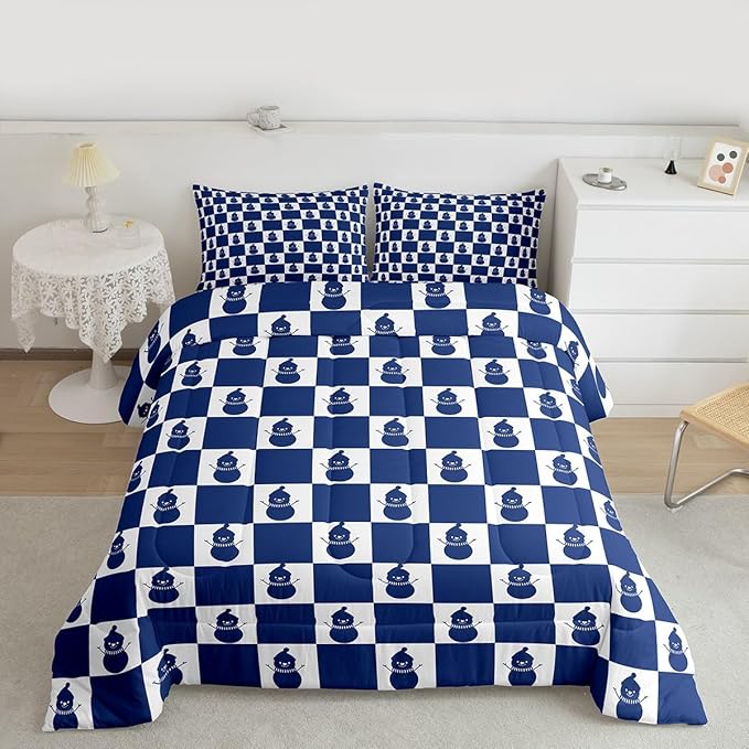 Feelyou Christmas Comforter Set All Season Checkered Bedding Set with 1 Pillow Cases Snowman Kids Twin Bedclothes Xmas Decorations Bedroom Decor Blue Duvet Quilt Breathable Soft Lightweight