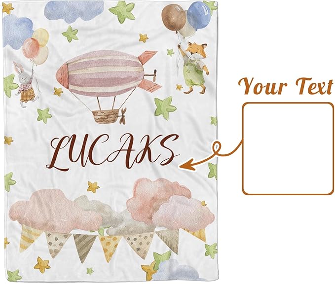 Personalized Baby Blanket for Girls, Custom Name Blanket for Newborn New Mom , Soft Flannel with Double Layer Dotted Backing, Gifts for Baby Shower Christmas Birthday, Hot Air Balloons(47"x60)