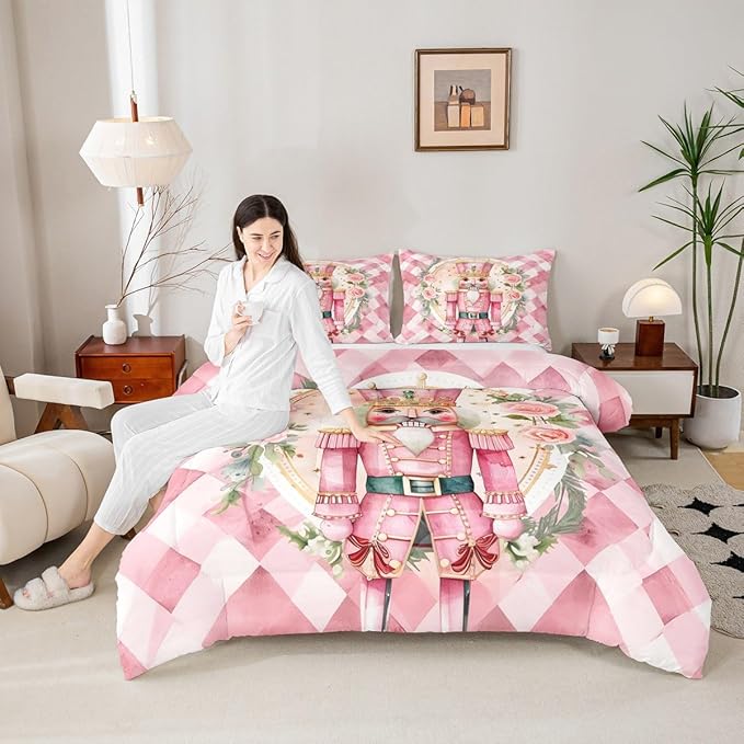 Feelyou Christmas Comforter Set All Season Pink Nutcrackers Bedding Set with 2 Pillow Cases Rose Kids Full Bedclothes Floral Bedroom Decor Funny Nutcracker Duvet Quilt Breathable Soft Lightweight