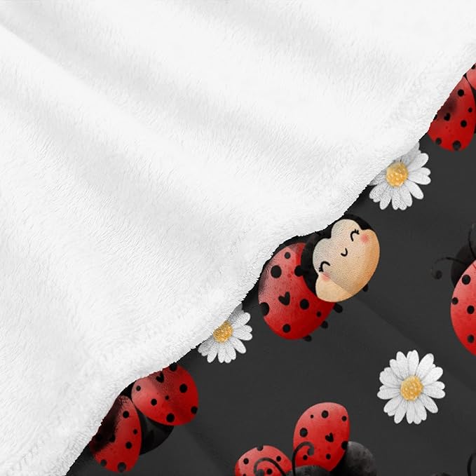 Thuswarm Cute Watercolor Ladybugs Grey Flannel Throw Blanket Warm Cozy Soft Funny Print Blankets for Bed Couch Sofa Room Decoration Gifts 80”×60” Large for Adult