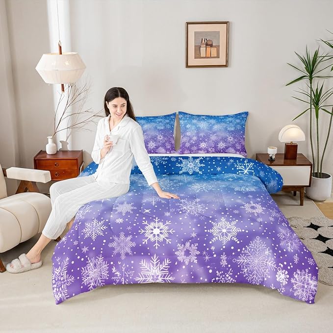 Feelyou Christmas Bedding Set Soft for Boys Girls, Winter Snowflake Comforter Set Twin Size Purple Blue Gradient Duvet Quilt Microfiber Bedroom Decor 2 Pcs with 1 Pillow Cases