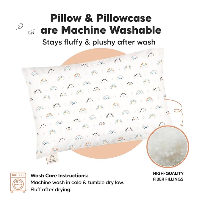 KeaBabies Toddler Pillow with Pillowcase, Jumbo 14X20 - Soft Organic Cotton Toddler Pillows for Sleeping - Machine Washable - Perfect for Travel, Toddler Bed Set (Jolly Rainbow)
