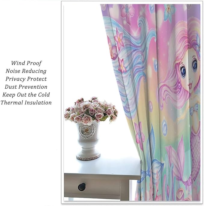Cartoon Mermaid Kids Curtain Fantasy Ocean Theme Coral Flower Floral Window Treatment for Kids Girls Bedroom Nursery Room Decor Rod Pocket Blackout Window Drapes 63x72in
