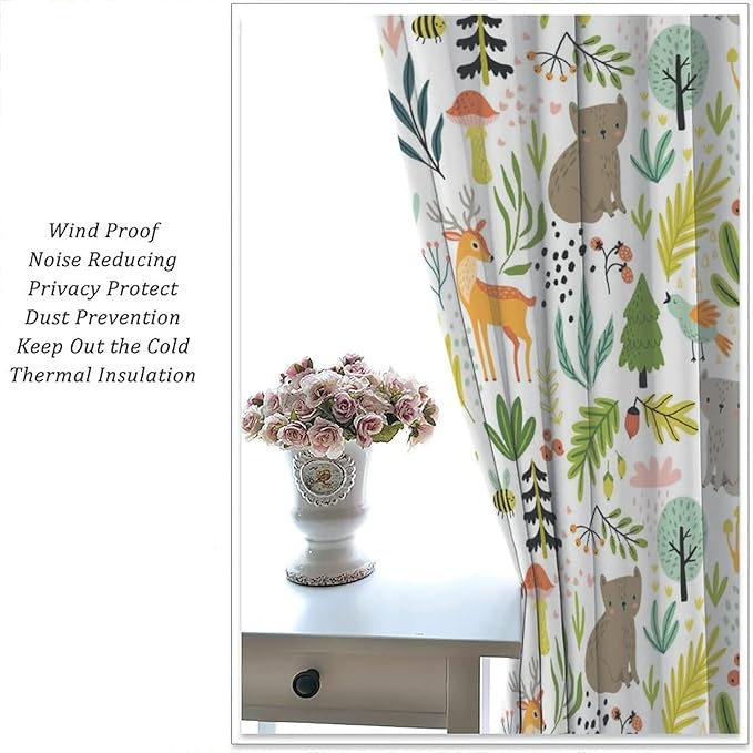 Cartoon Forest Kids Blackout Curtains,Cute Woodland Wild Animals Colorful Deer Plants Trees Print Pattern Thermal Insulation Window Drapes for Nursery Boys Girls Bedroom,White Background 42x63in