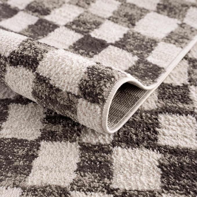 Hauteloom Benjy Living Room, Checkered Bedroom Area Rug - Farmhouse - Cream, Charcoal - 5'3" x 7'