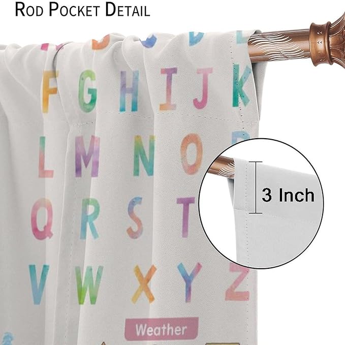Kids Educational Alphabet Curtain,Boho Watercolor Alphabet Pastel Numbers Shapes Colors for Girls Child Nursery Home Kids Printed Rod Pocket Blackout Window Drapes for Bedroom Living Room 42"W X 45"L