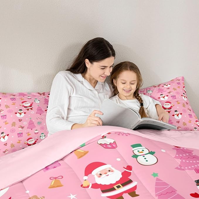 Feelyou Christmas Kids Comforter Set Full Size Happy New Year Bedding Set Santa Claus Duvet Quilt for Kids Boys Girls Bedroom Merry Christmas Decor Microfiber Ultra Soft Breathable