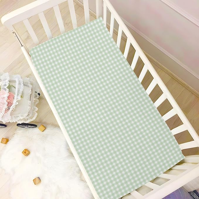 Green Gingham Checkered Crib Sheets for Boys Girls Soft Breathable Mini Crib Sheets for Baby 52" x 28"