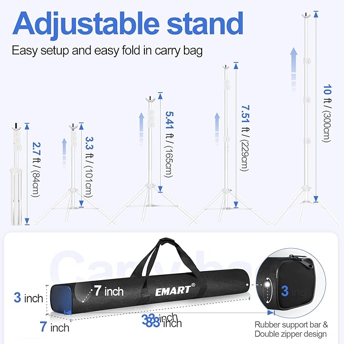 EMART Backdrop Stand 10x10ft(WxH) Photo Studio Adjustable Background Stand Support kit with 2 Crossbars, 8 Clamps, 2 Sandbags and Carry Bag for Parties, Events Decoration, Wedding, Photography -White