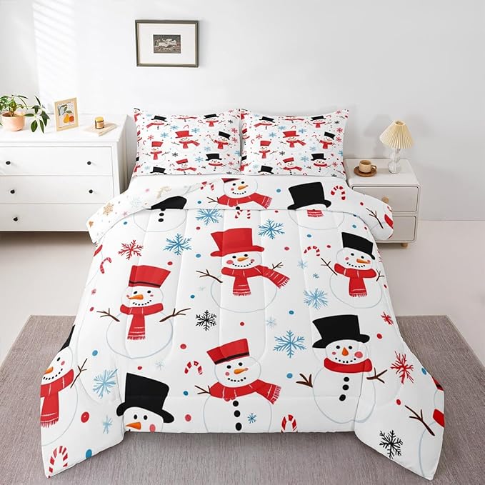 Feelyou Merry Christmas Comforter Set All Season Snowman Bedding Set with 2 Pillow Cases Winter Holiday Microfiber Kids King Bedclothes New Year Gift Bedroom Decor Duvet Quilt Soft Lightweight