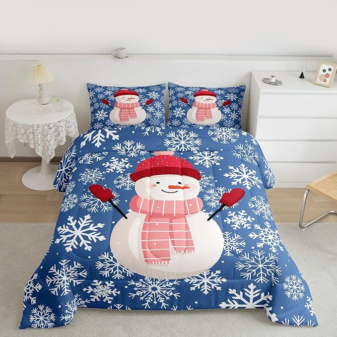 Feelyou Christmas Comforter Set King Size Snowman Blue Bedding Set for Kids Boys Girls Xmas Snowflakes Duvet Quilt Winter Snow Bedroom Decor Microfiber 3 Pcs with 2 Pillow Cases