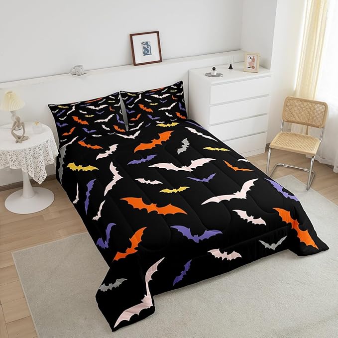 Erosebridal Bat Quilt Halloween Bedroom Decor Bedding Set Toddler Size for Kids Teens Adults Bedroom Purple Gothic Bat Comforter Set with 1 Pillow Case,Spooky Duvet Insert