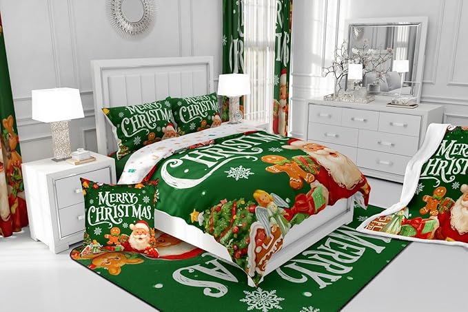 Feelyou Green Christmas Comforter Set All Season Santa Claus Bedding Set with 2 Pillow Cases Gingerbread Microfiber Kids Full Bedclothes Bedroom Decor Duvet Quilt Breathable Soft