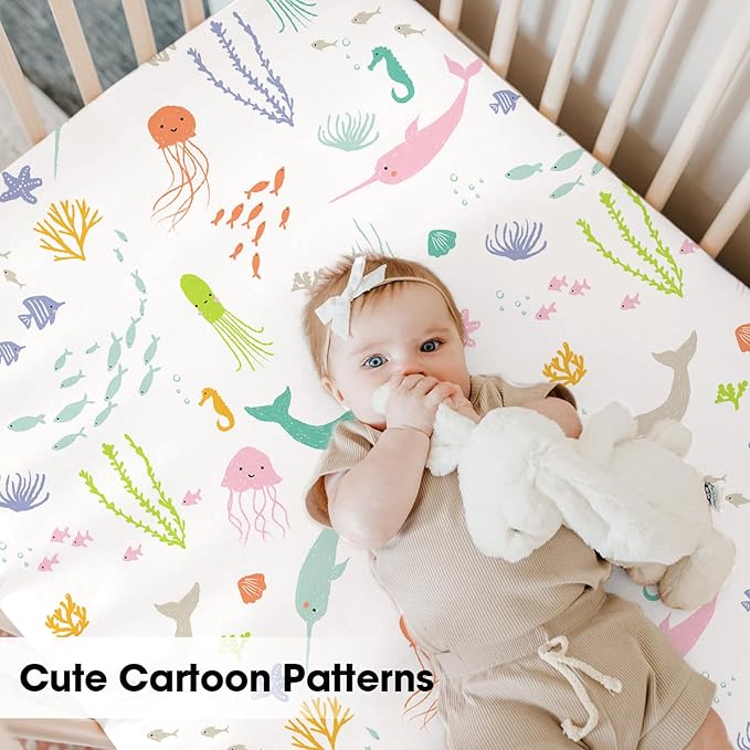 Little Grape Land Mini Crib Sheets for Boys Girls 4 Pack, Fitted Mini Crib Sheets 26x38x5 for Pack and Play/Playard Mattress, Ultra Soft Brushed Microfiber, All-Around Elastic, Ocean/Shell/Green/Blue