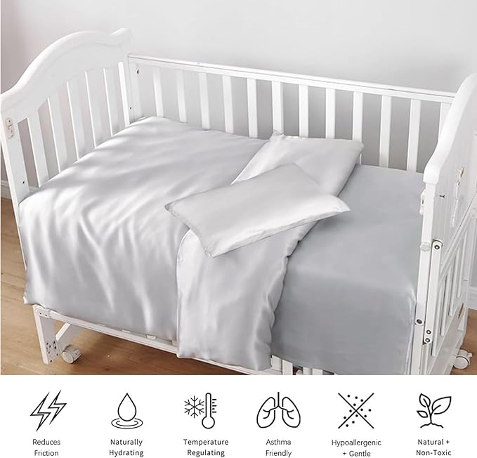 ROSEWARD Organic Silk Baby Pillowcase with Zipper, Small 10"x13" Pillow Cover for Boys & Girls, Ideal for Bed & Travel, Soft for Kids Hair & Skin, Hypoallergenic Pillowcases for Toddlers (Grey)