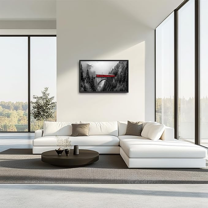 Olivine Train Large Wall Art, Black and White Pictures Wall Decor, Train Painting, Nature Landscape Canvas Prints, Framed Artwork for Dining Room Living Room Bedroom Bathroom Office Home 36"x24"