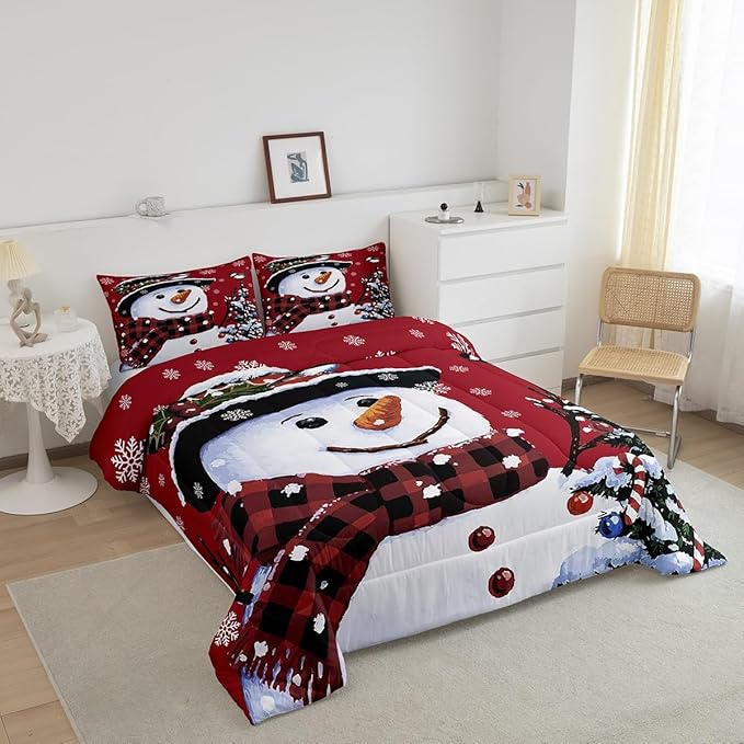 Feelyou Kids Christmas Theme Decorations Bedding Set Xmas Snowman Comforter Set for Boys Girls Snowflake Kawaii Cute Comforter Red Quilt Set Bedroom Collection Twin Size