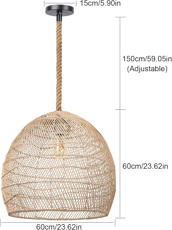 Arturesthome Natural Rattan Pendant Light for Kitchen Island, Woven Rope Lamp Shade, Hanging Ceiling Light Shade, Handmade Lampshade Chandelier D 23.6in*21.6in