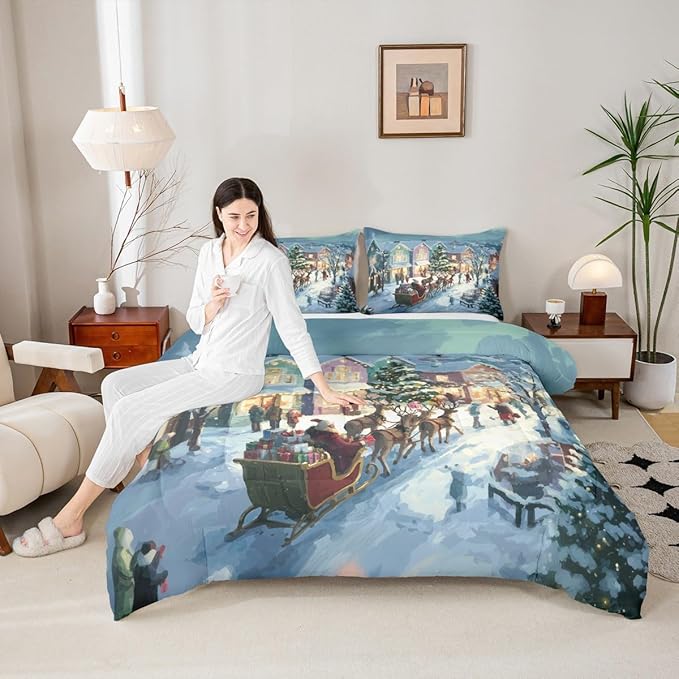 Feelyou Watercolor Christmas Comforter Set Full Size Santa Claus Bedding Set for Kids Boys Girls Reindeer Sled Duvet Quilt Xmas Tree Bedroom Decor Microfiber 3 Pcs with 2 Pillow Cases