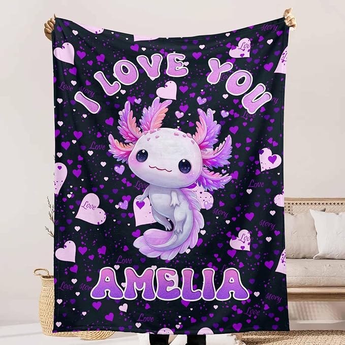 Ship Next Day, Custom Baby Blanket with Name for Girls Boys, Cute Axolotl Flannel Blankets- Printed in USA, Personalized Name Blankets for Kids Teens, Christmas Birthday Blanket Gifts for Daughter Son