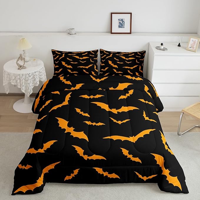 Erosebridal Bat Quilt Happy Halloween Decor Comforter Set Toddler Size for Kids Boys Youth Gothic Spooky Bedding Set Orange Bats Silhouette Duvet Insert with 1 Pillow Case