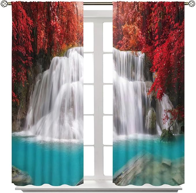 Red Forest Waterfall Blackout Windows Curtains, Tree Landscape Woodland Scenic Nature Fall Scenery Art Printed Curtains, for Living Room Bedroom 55x63in 2 Panels